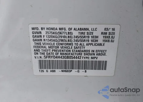 2016 Acura Mdx Technology Acurawatch Plus Packages/Technology Package from USA, damaged, VIN 5FRYD4H43GB054442